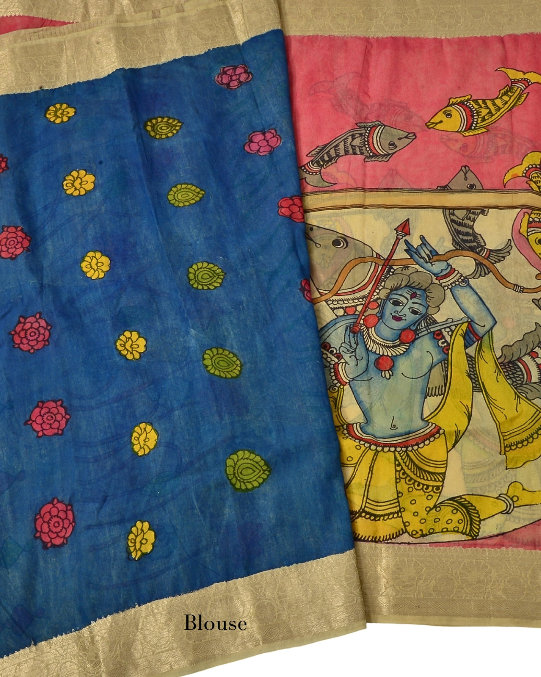 Blue blouse with Kalamkari motifs and a pink saree with a deity design.