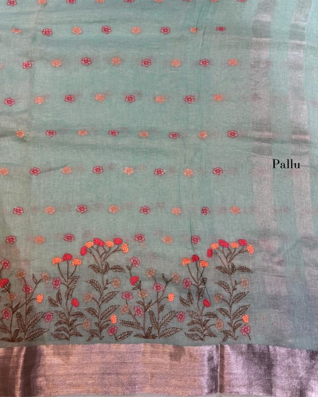 Linen Saree with Floral Embroidery and Silver Border