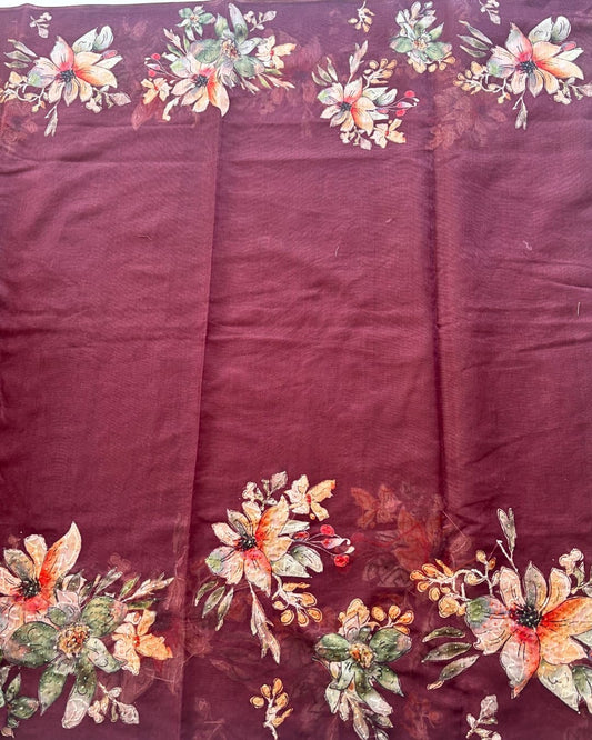 Wine Marron Chanderi silk saree with Kantha work