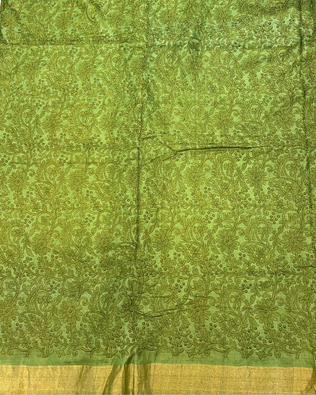 Pistachio Green Kota Saree with Chikankari Embroidery & Gold Tissue Border