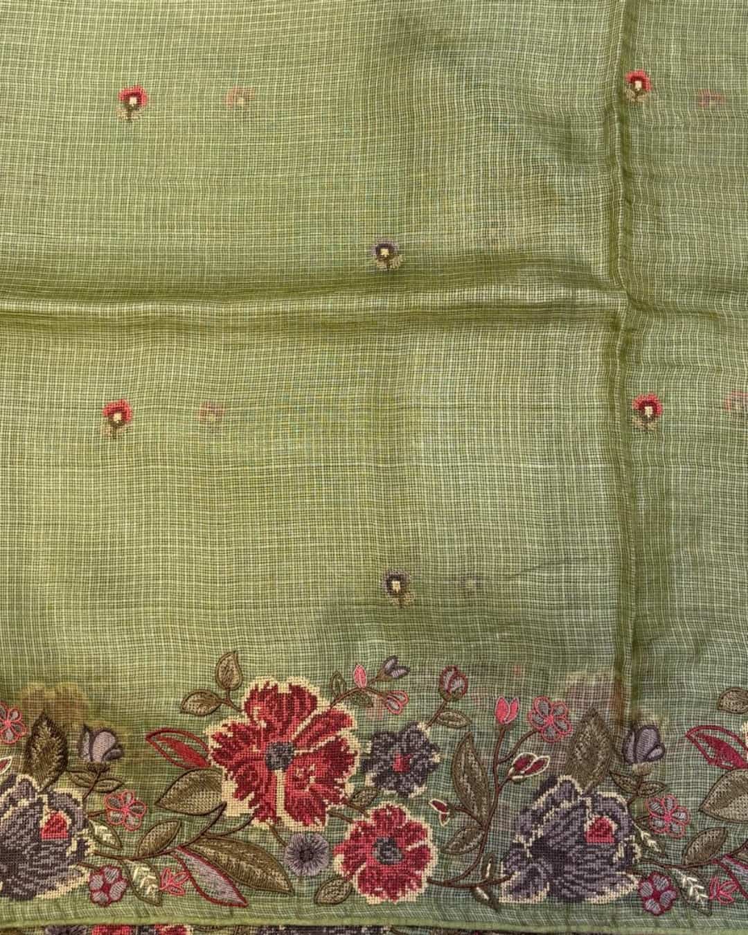 Sage Green Kota Saree with Petit Point Embroidery