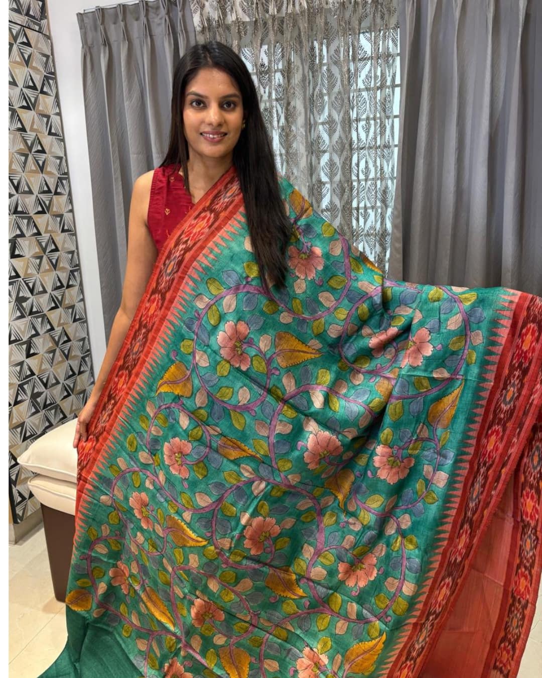 Hand-Painted Kalamkari Tussar Silk Saree with Pochampally Border