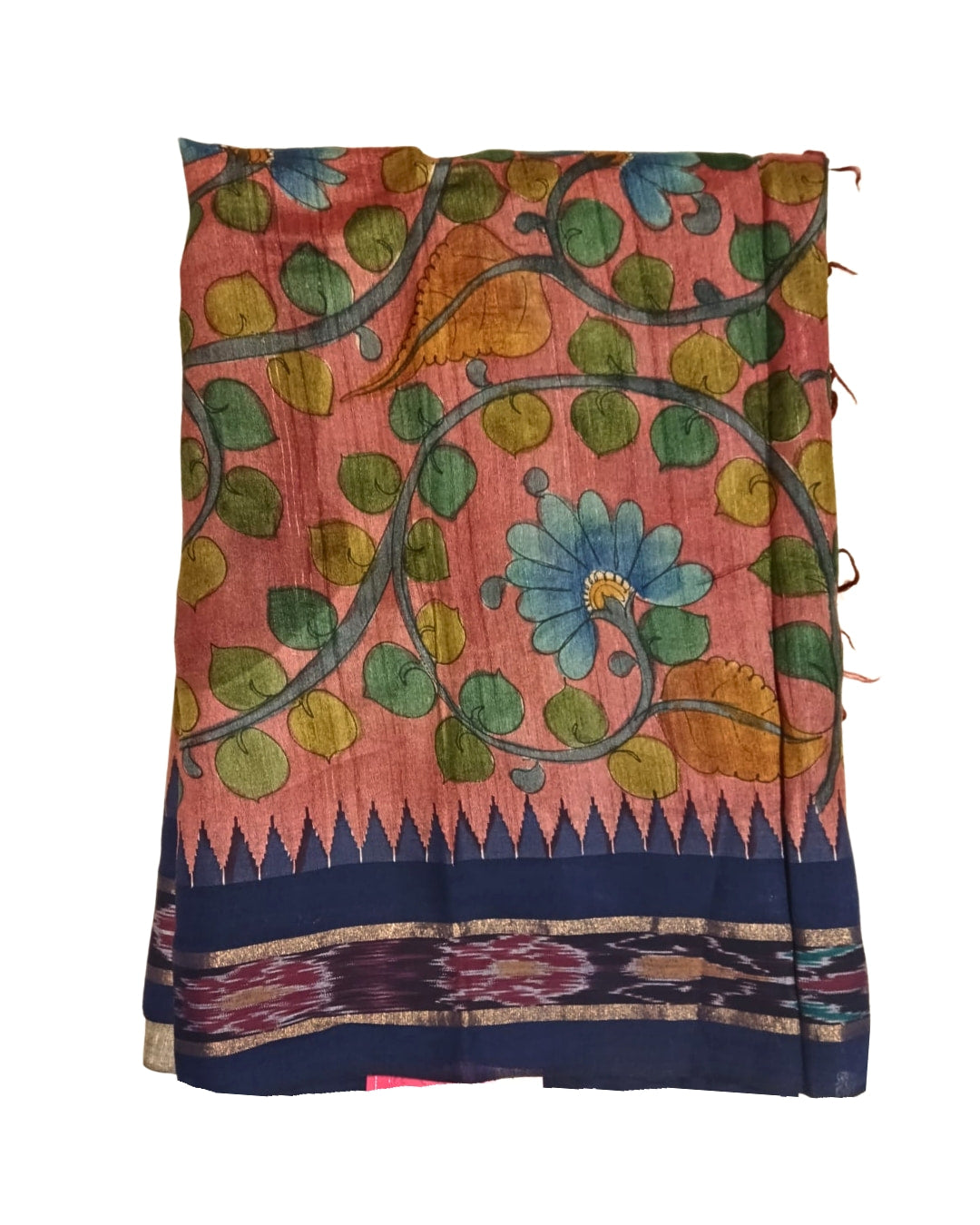 Hand-Painted Kalamkari Tussar Silk Saree with Pochampally Border 