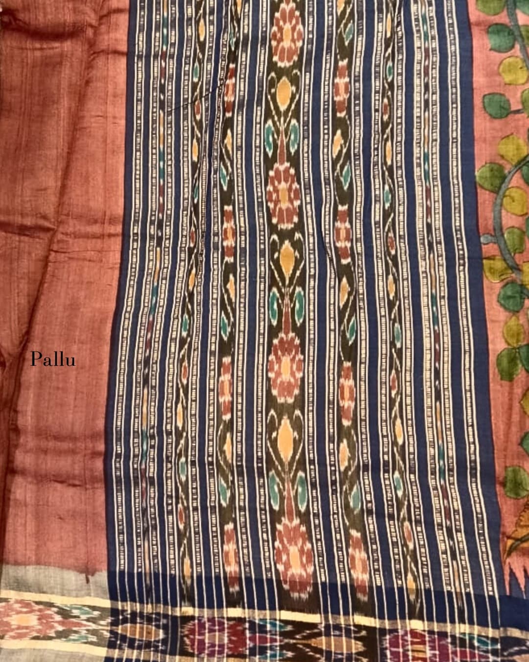 Hand-Painted Kalamkari Tussar Silk Saree with Pochampally Border 