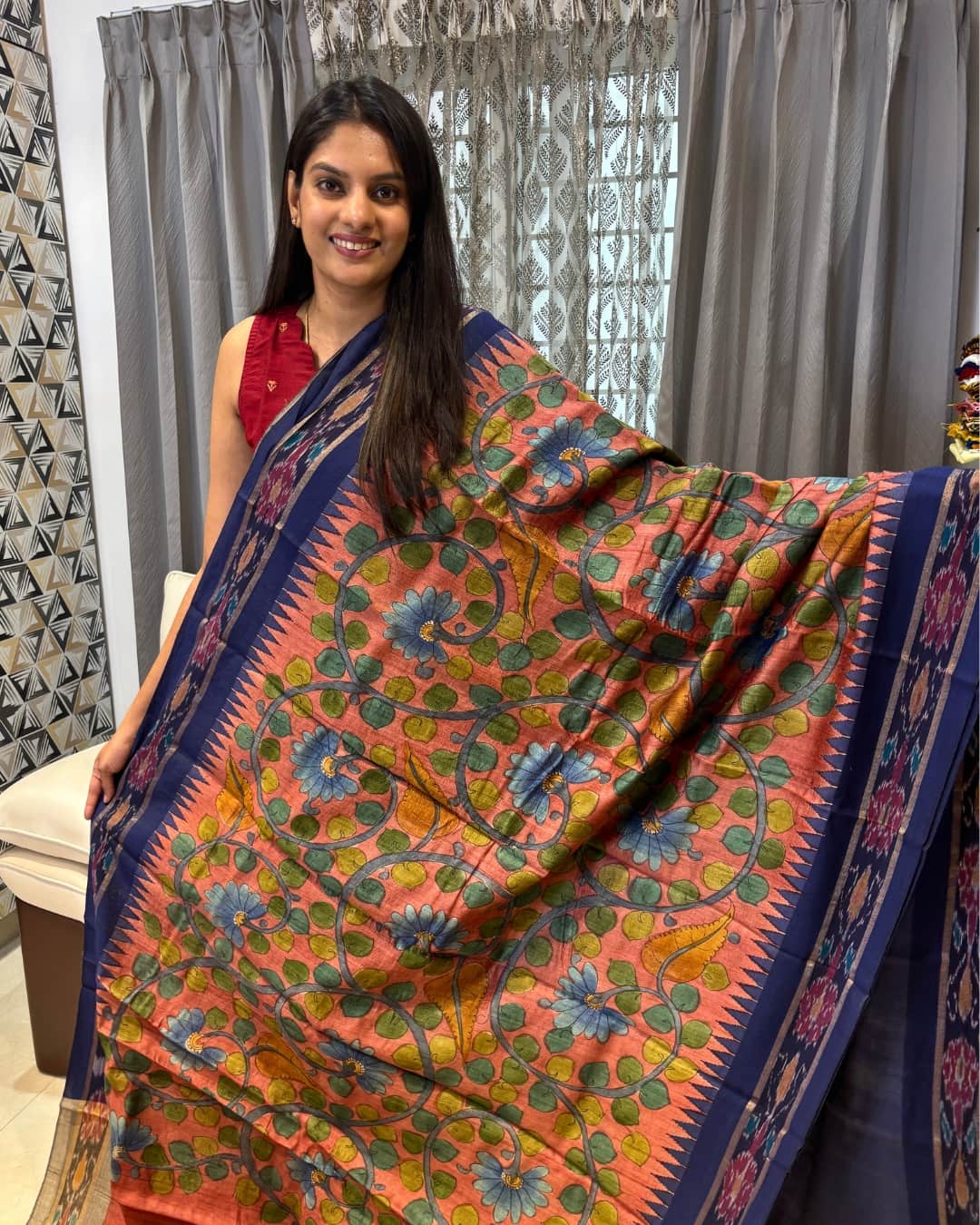 Hand-Painted Kalamkari Tussar Silk Saree with Pochampally Border 