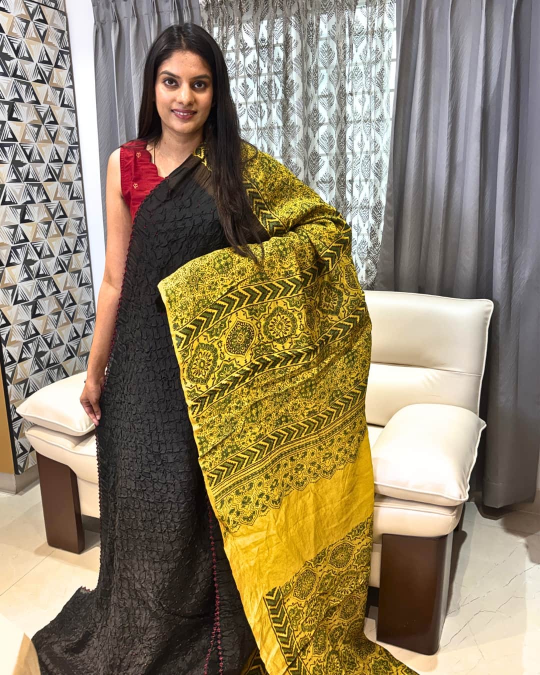 Pure Bandhani Silk Saree with Ajrakh Pallu & Blouse 