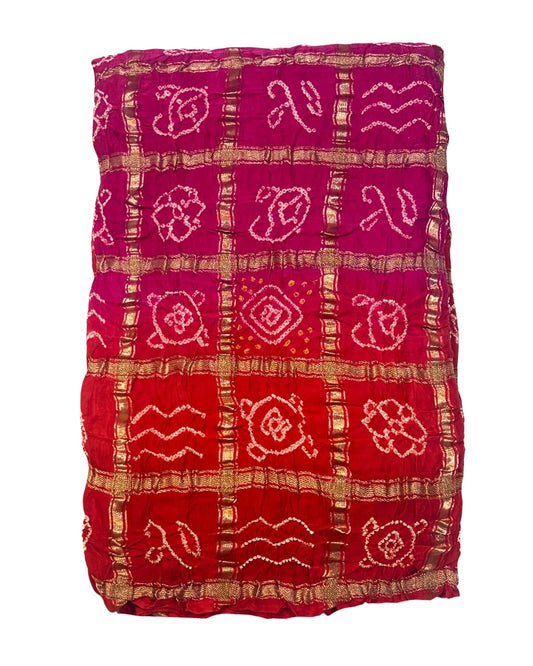 Rani pink and red pure Gajji Silk Ghadchola Saree with Zari Weave 