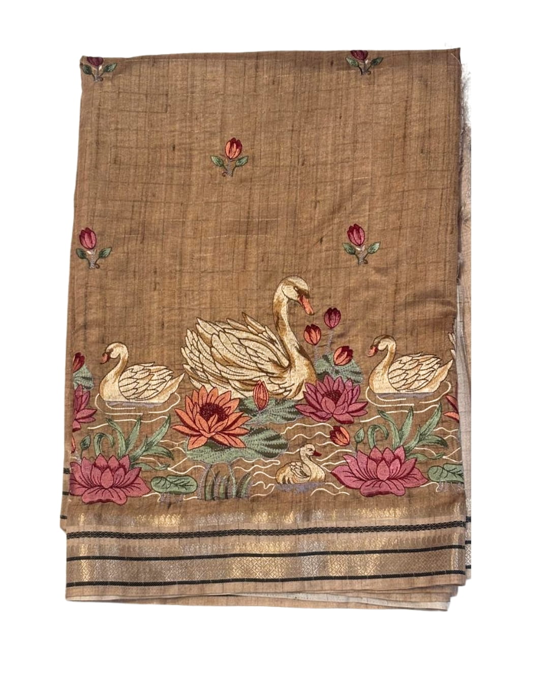 Beige Raw Silk Saree with Swan Embroidery & Zari Pallu