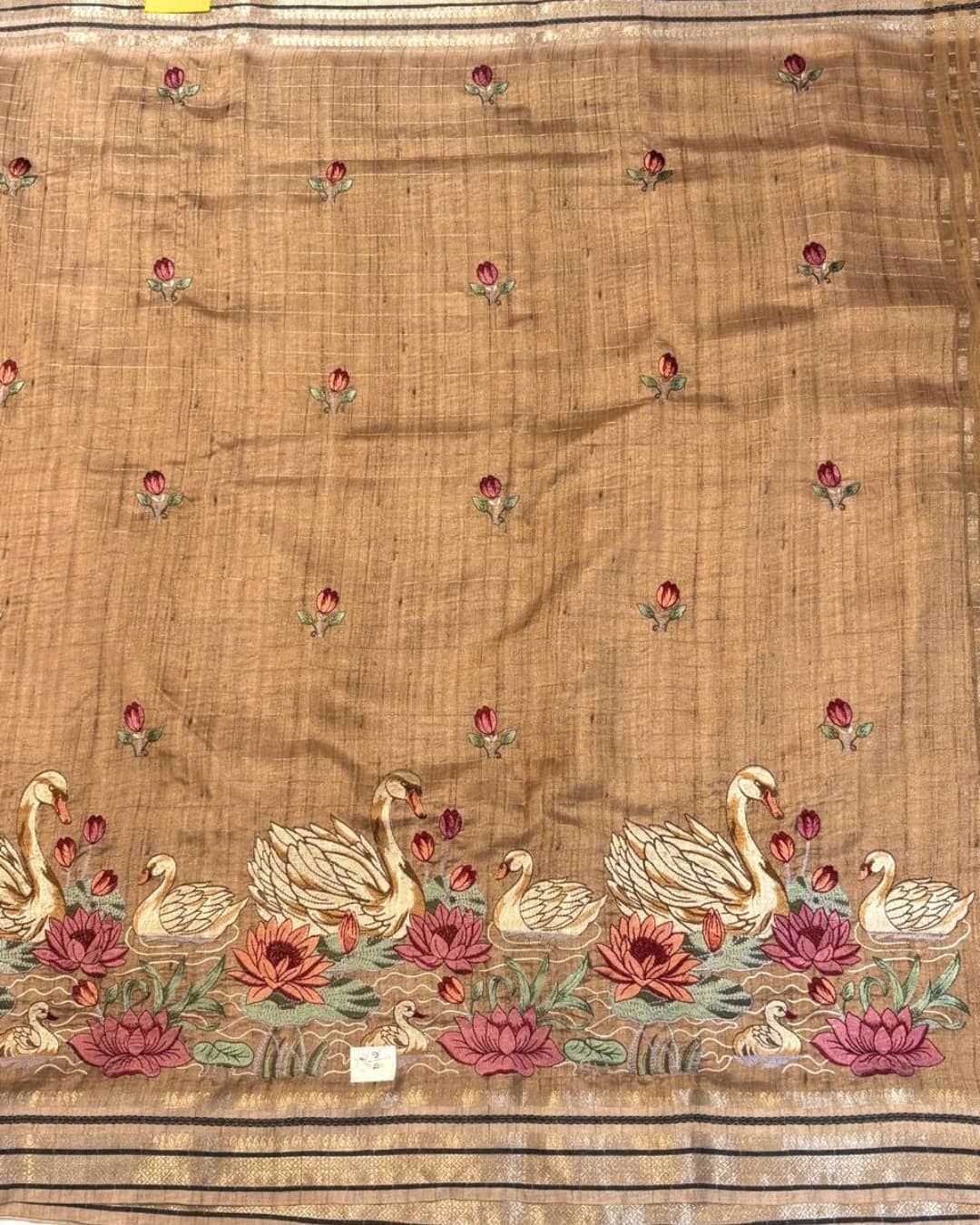 Beige Raw Silk Saree with Swan Embroidery & Zari Pallu
