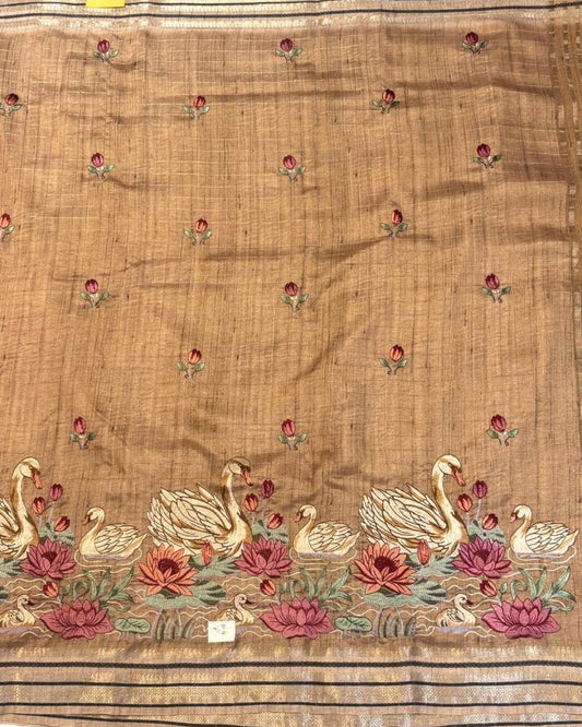 Beige Raw Silk Saree with Swan Embroidery & Zari Pallu