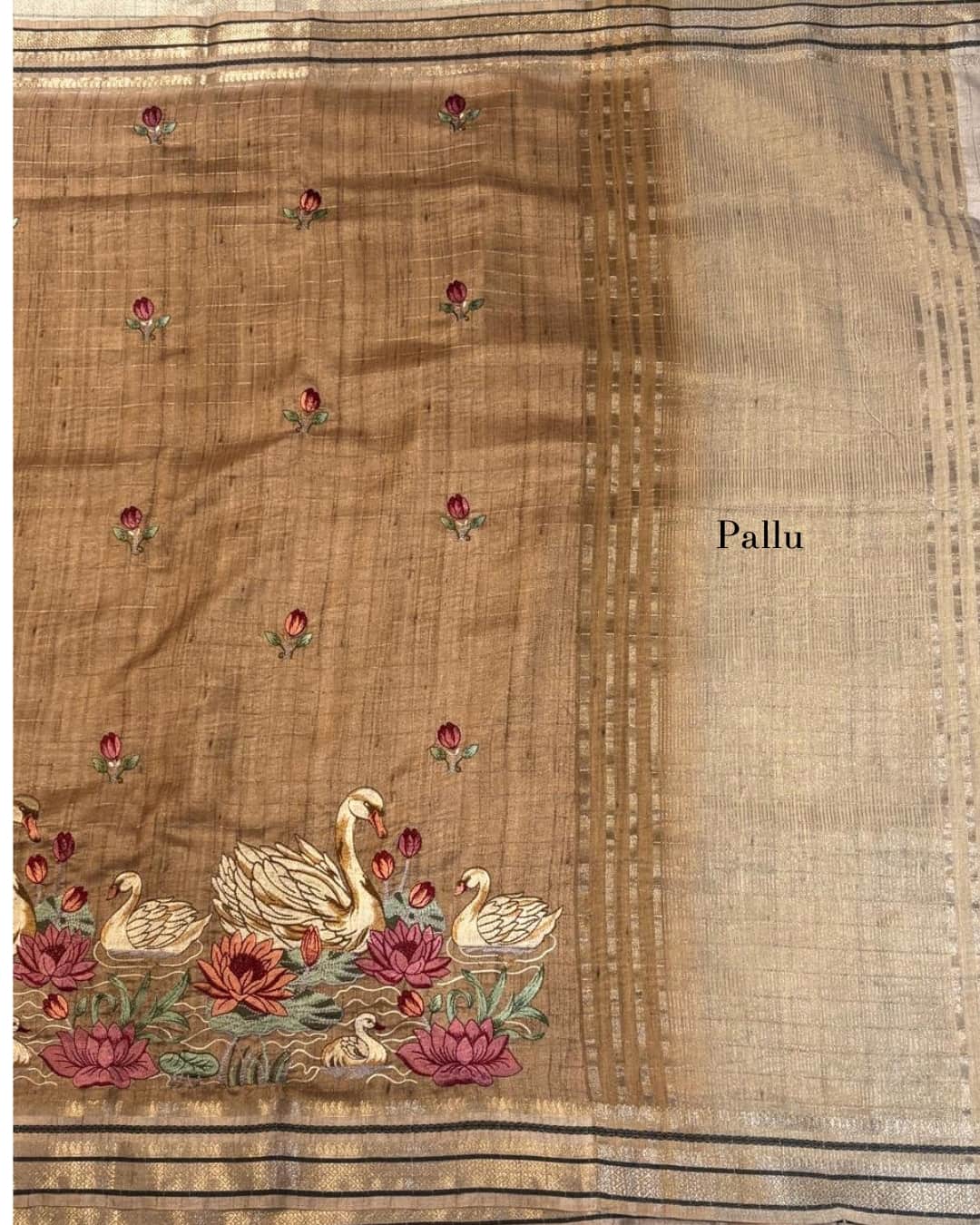 Beige Raw Silk Saree with Swan Embroidery & Zari Pallu