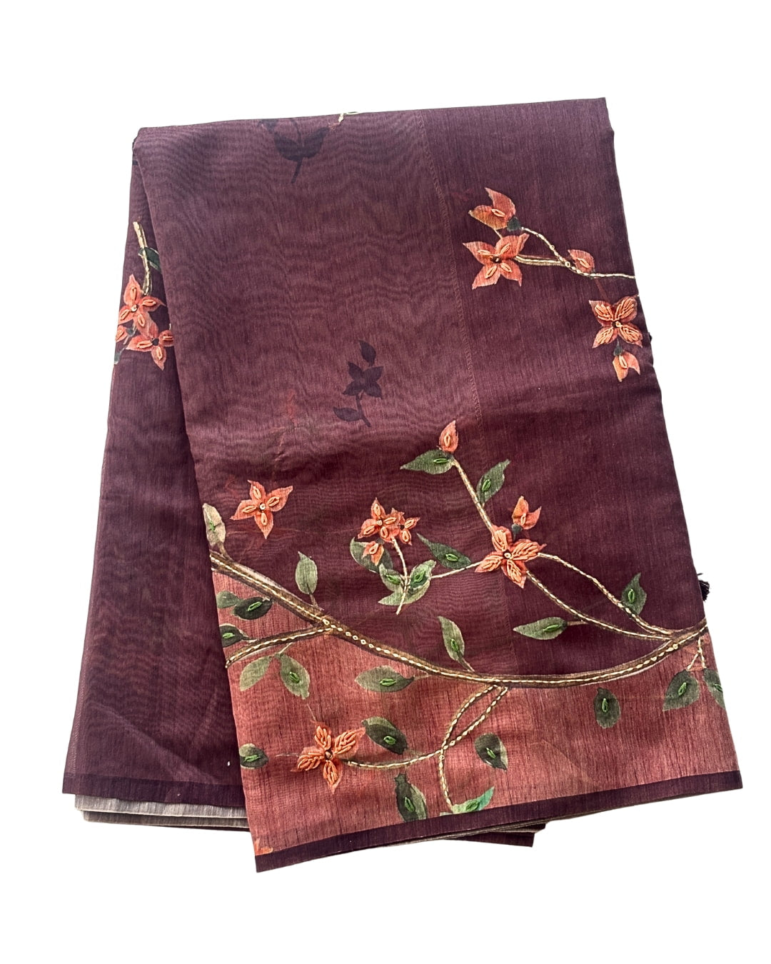 Deep Wine Chanderi silk  saree with Kantha work