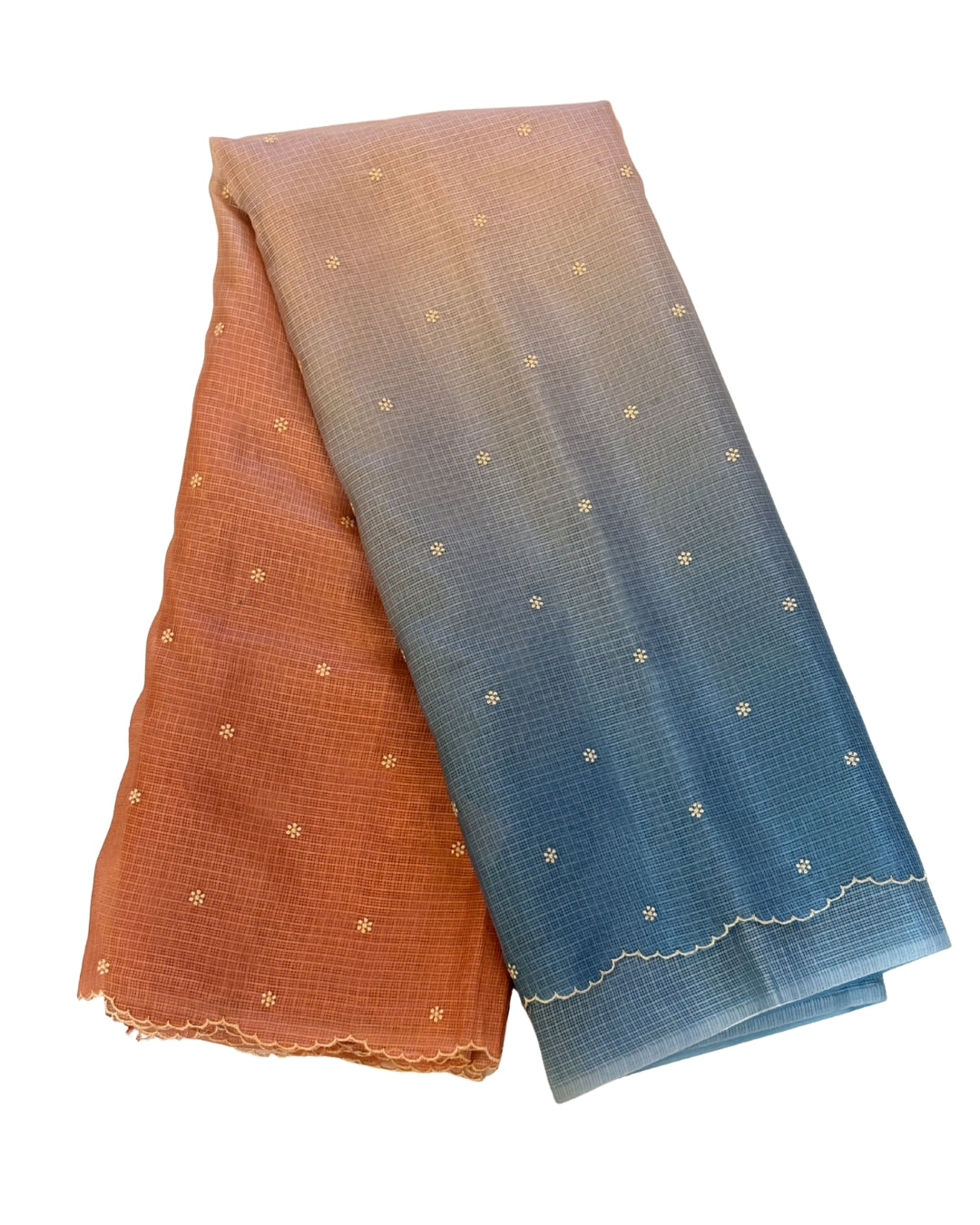 Ombre peach and blue kota saree with buttas