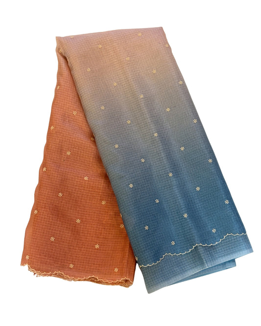 Ombre peach and blue kota saree with buttas