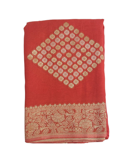 Peach Banaras saree with silver and gold zari buttas and border