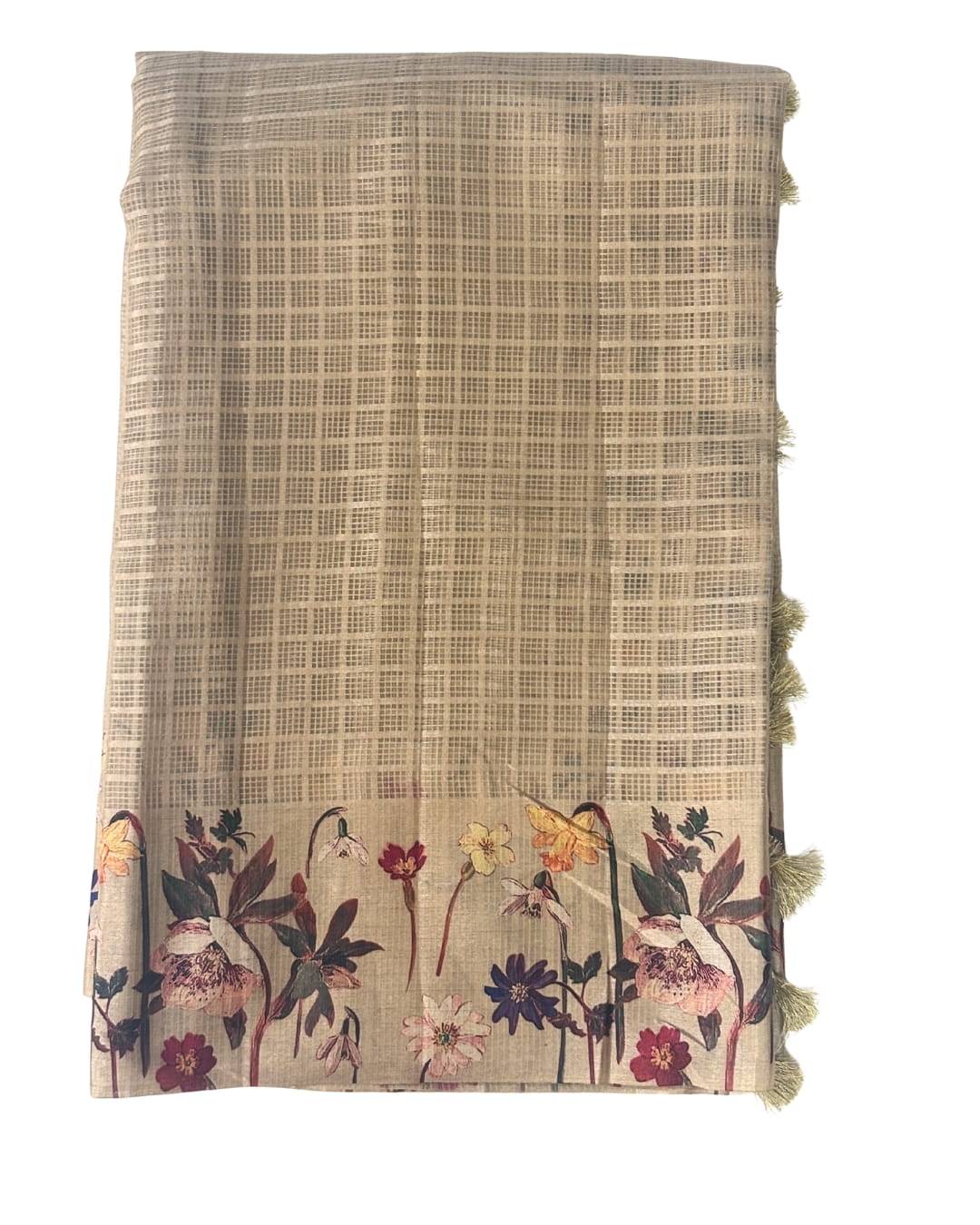 Beige kota doria saree with floral border and pallu