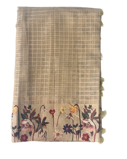 Beige kota doria saree with floral border and pallu
