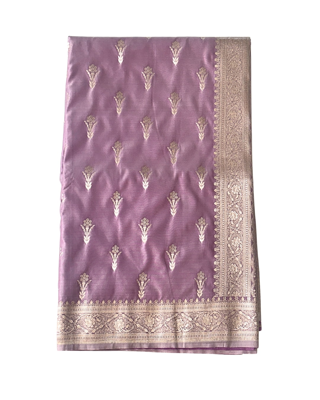 Lavender Banaras silk saree with traditional border
