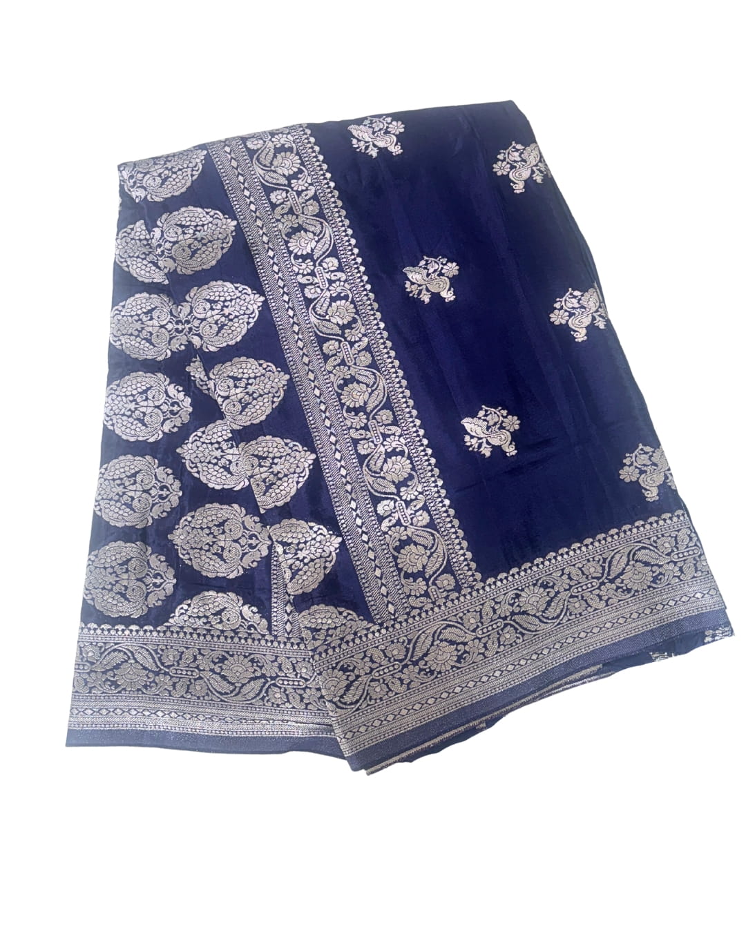 Midnight Blue Semi Banaras Silk Saree with Silver Zari Border