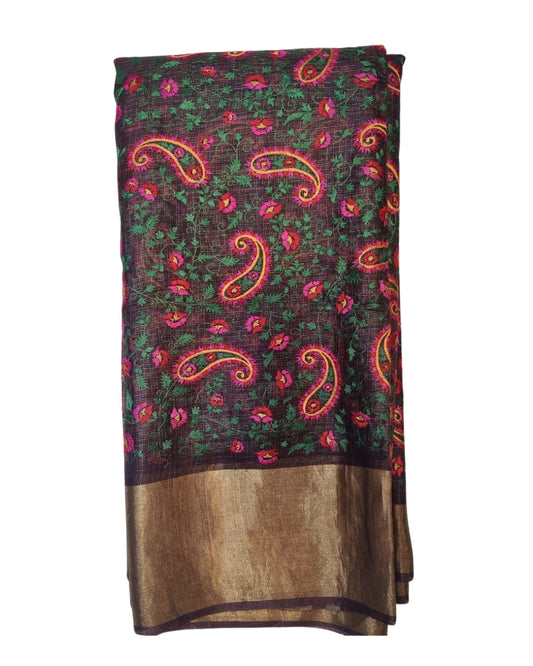 Coffee Brown Manipuri Saree with Cross Stitch Embroidery