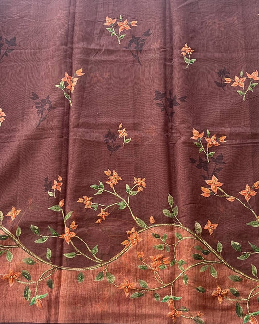 Deep Wine Chanderi silk  saree with Kantha work