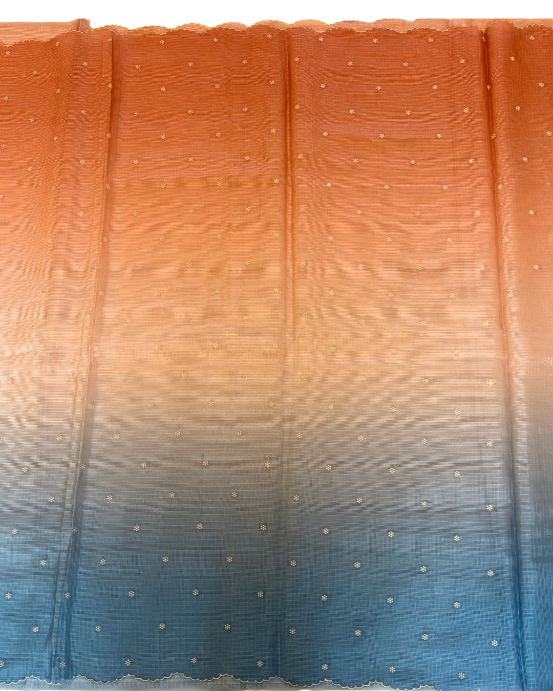 Ombre peach and blue kota saree with buttas