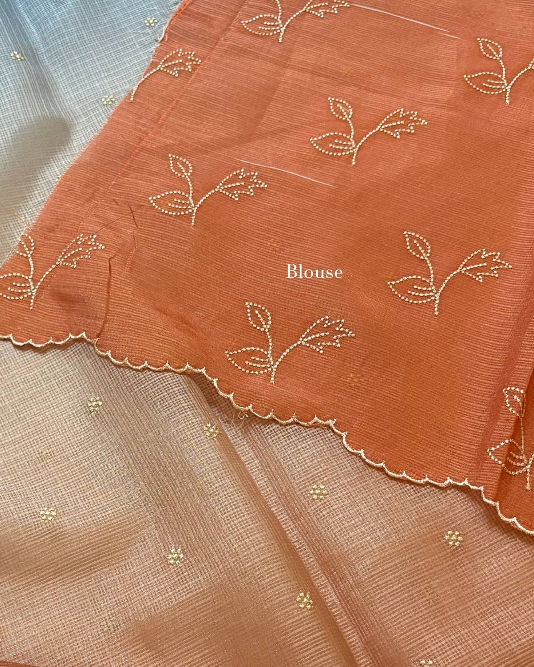 Ombre peach and blue kota saree with buttas
