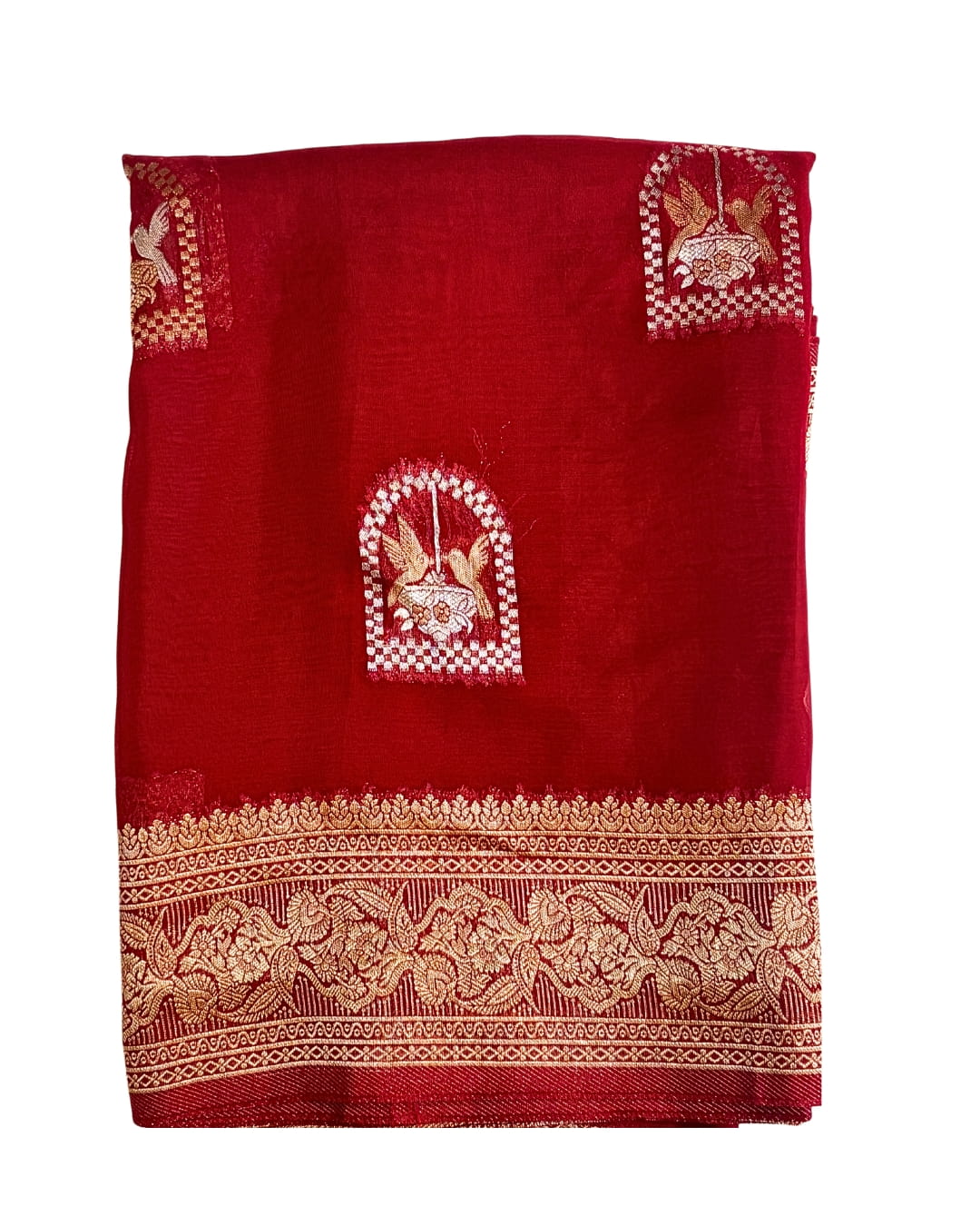 Red georgette saree with banarari border and buttas