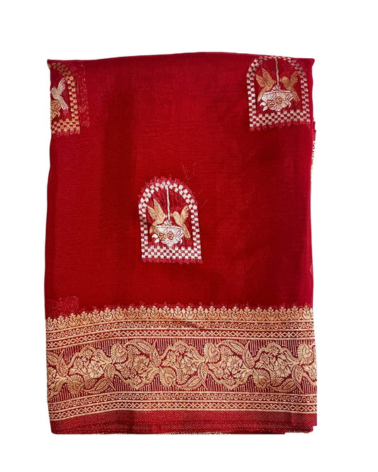 Red georgette saree with banarari border and buttas