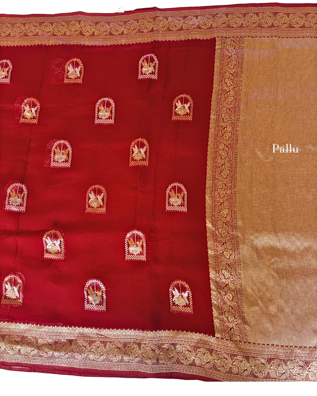 Red georgette saree with banarari border and buttas