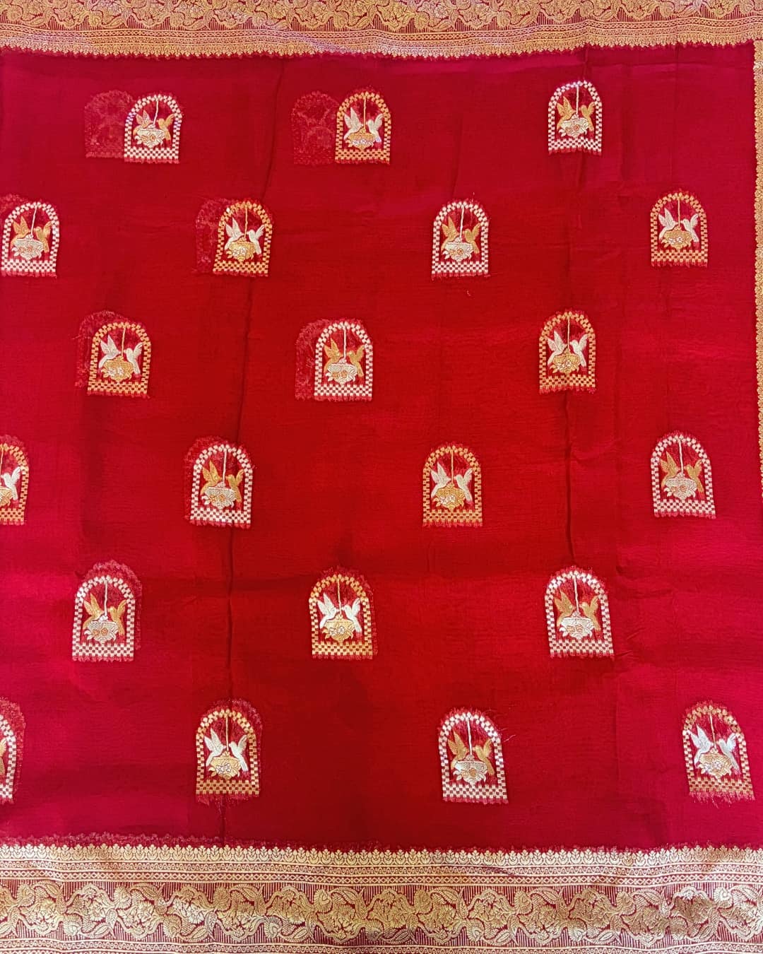Red georgette saree with banarari border and buttas