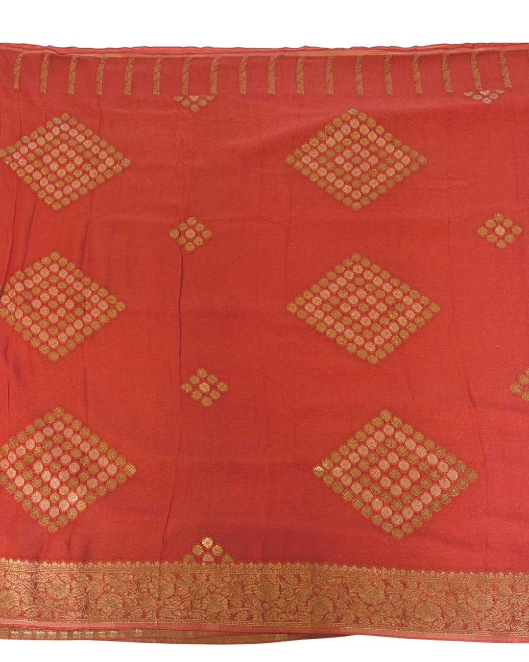 Peach Banaras saree with silver and gold zari buttas and border