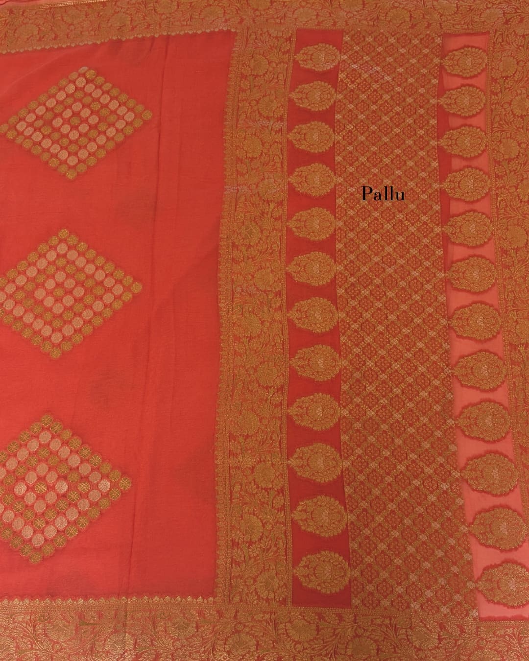 Peach Banaras saree with silver and gold zari buttas and border