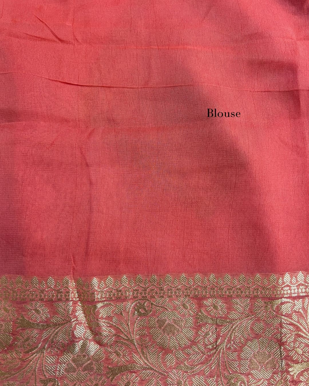 Peach Banaras saree with silver and gold zari buttas and border