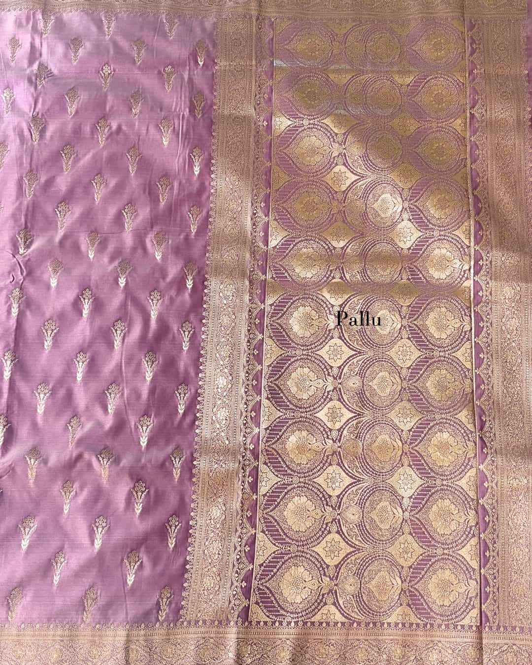Lavender Banaras silk saree with traditional border