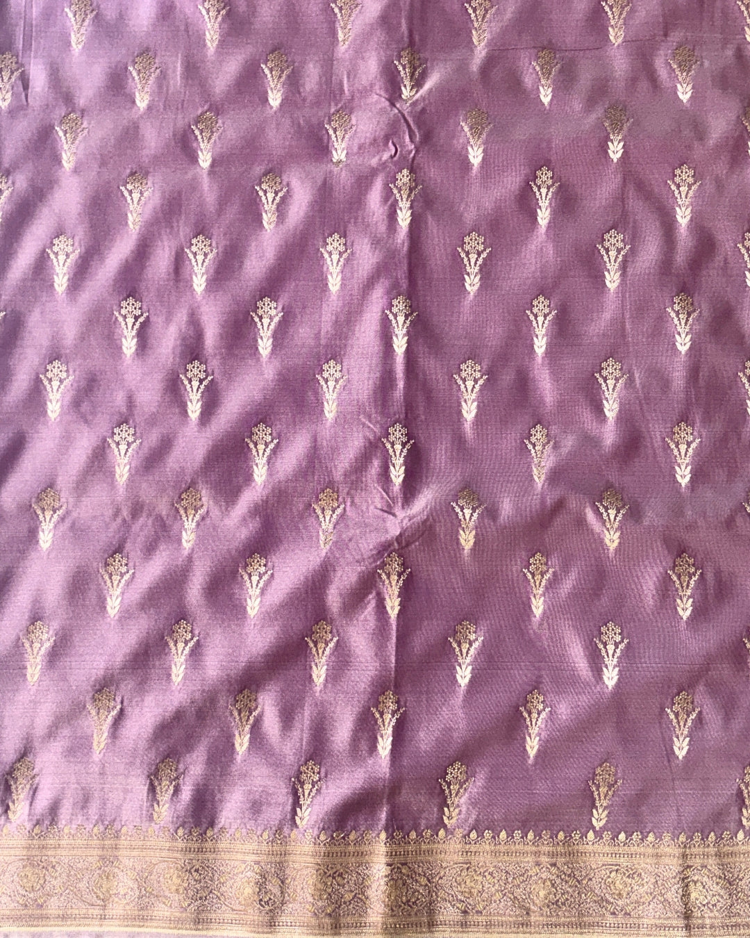 Lavender Banaras silk saree with traditional border