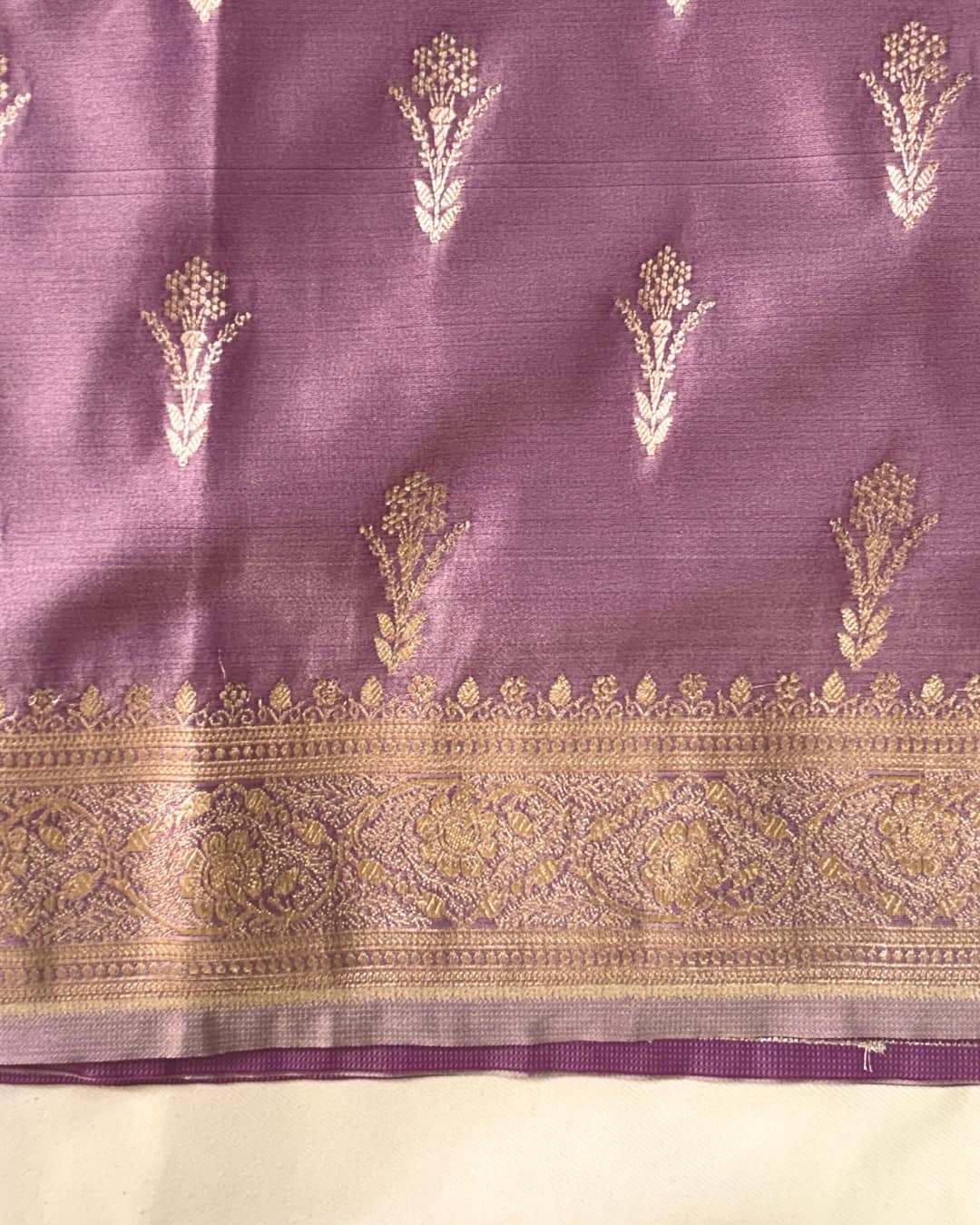 Lavender Banaras silk saree with traditional border