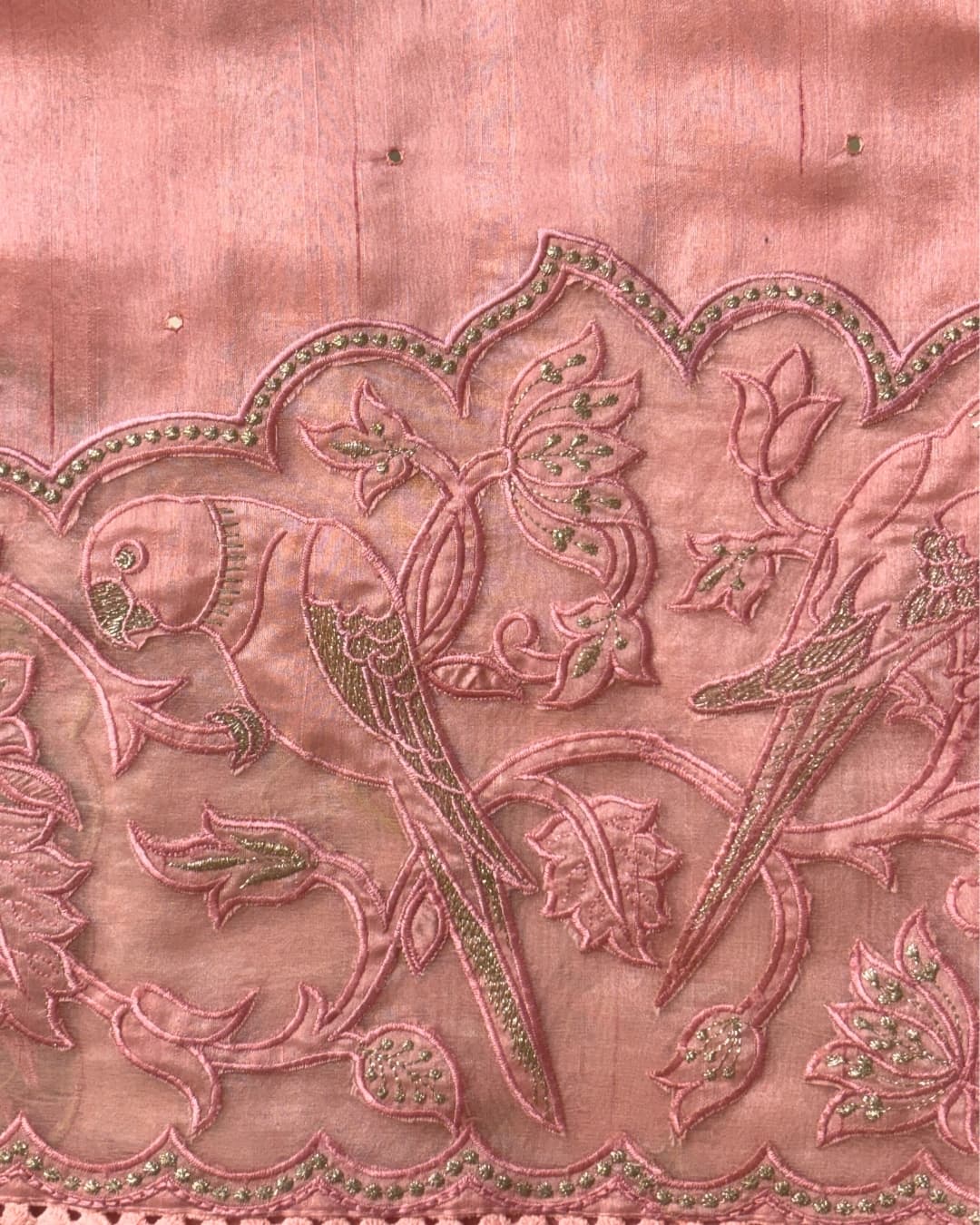 Blush Pink Applique Work on Tussar Silk Saree