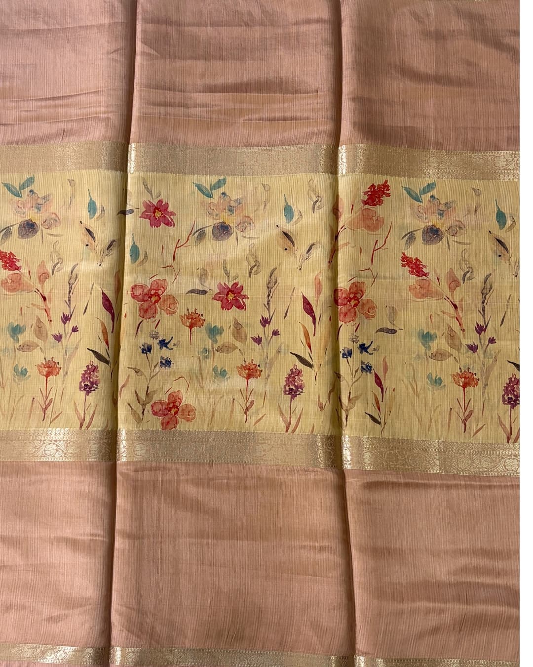 Floral Semi Crepe Silk Saree with Beige Border