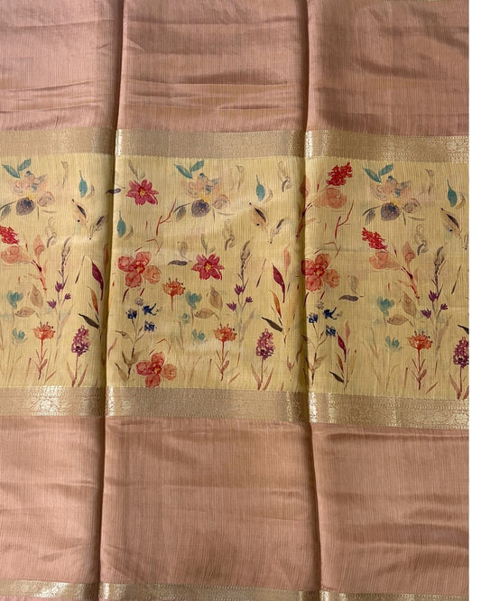 Floral Semi Crepe Silk Saree with Beige Border