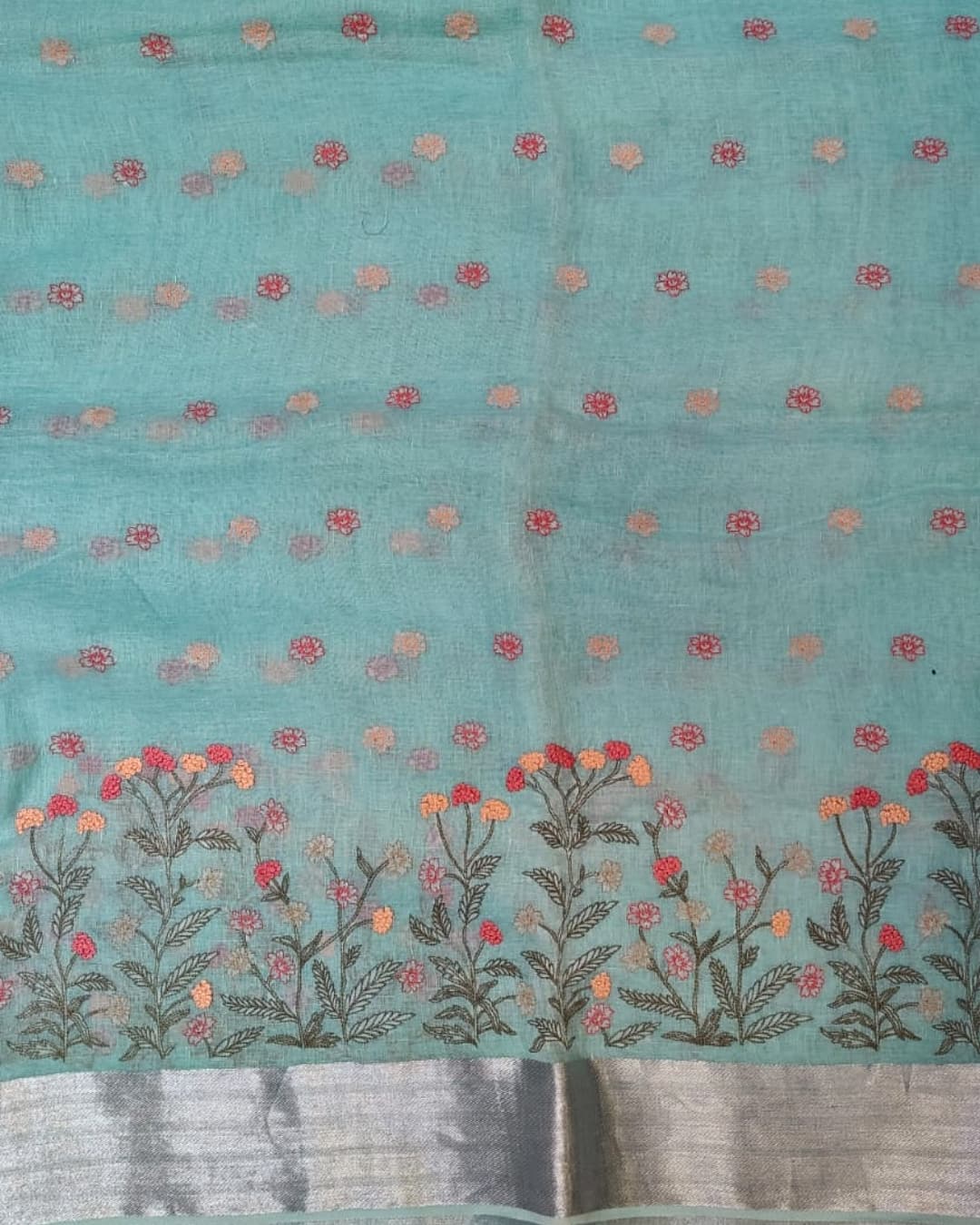 Linen Saree with Floral Embroidery and Silver Border