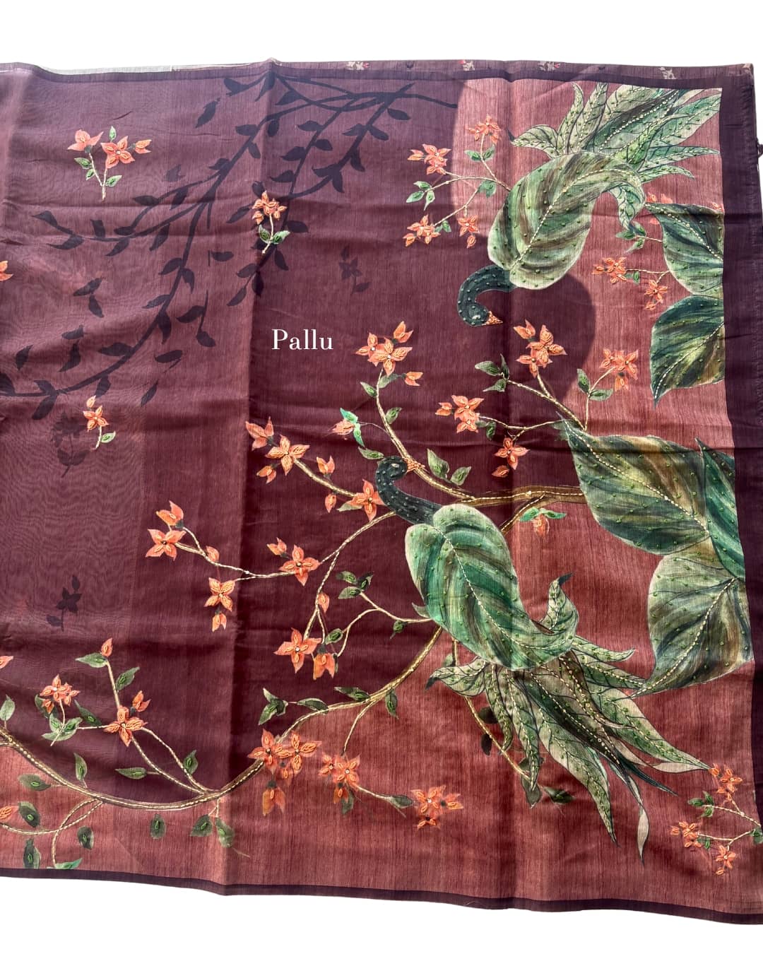 Deep Wine Chanderi silk  saree with Kantha work