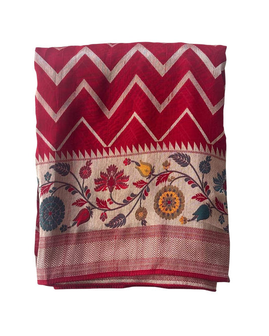 monga tussar silk saree in red with floral border