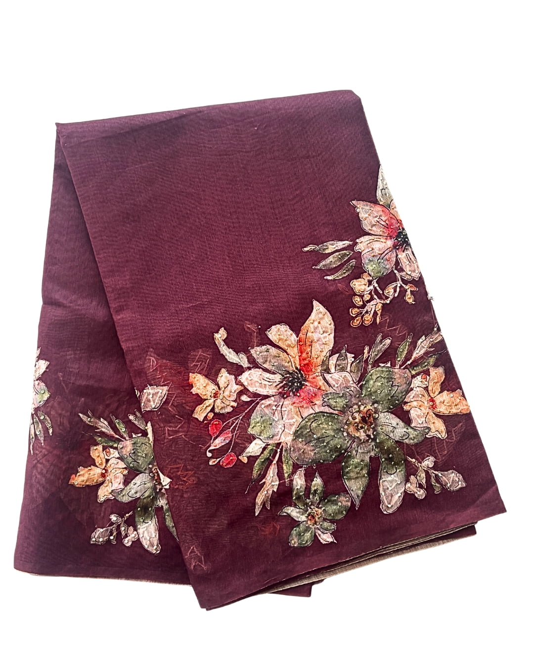 Wine Marron Chanderi silk saree with Kantha work