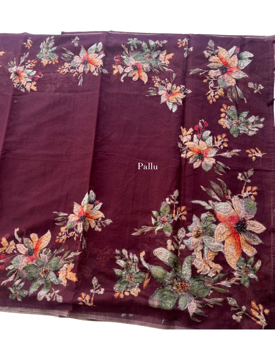 Wine Marron Chanderi silk saree with Kantha work