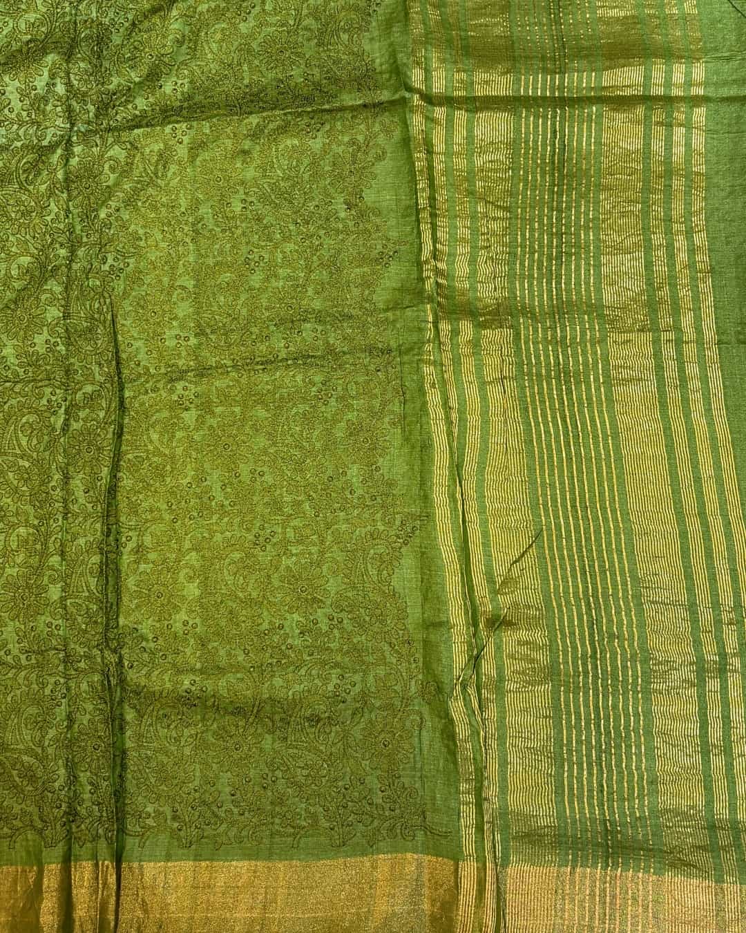 Pistachio Green Kota Saree with Chikankari Embroidery & Gold Tissue Border