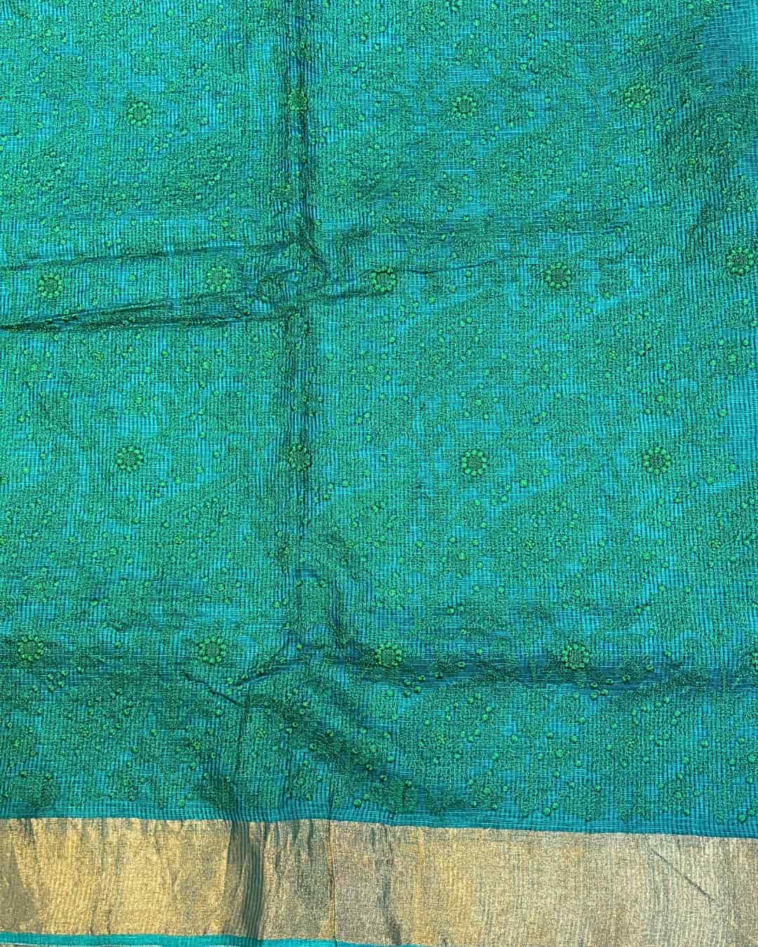 Teal Kota Saree with Chikankari Embroidery & Gold Tissue Border