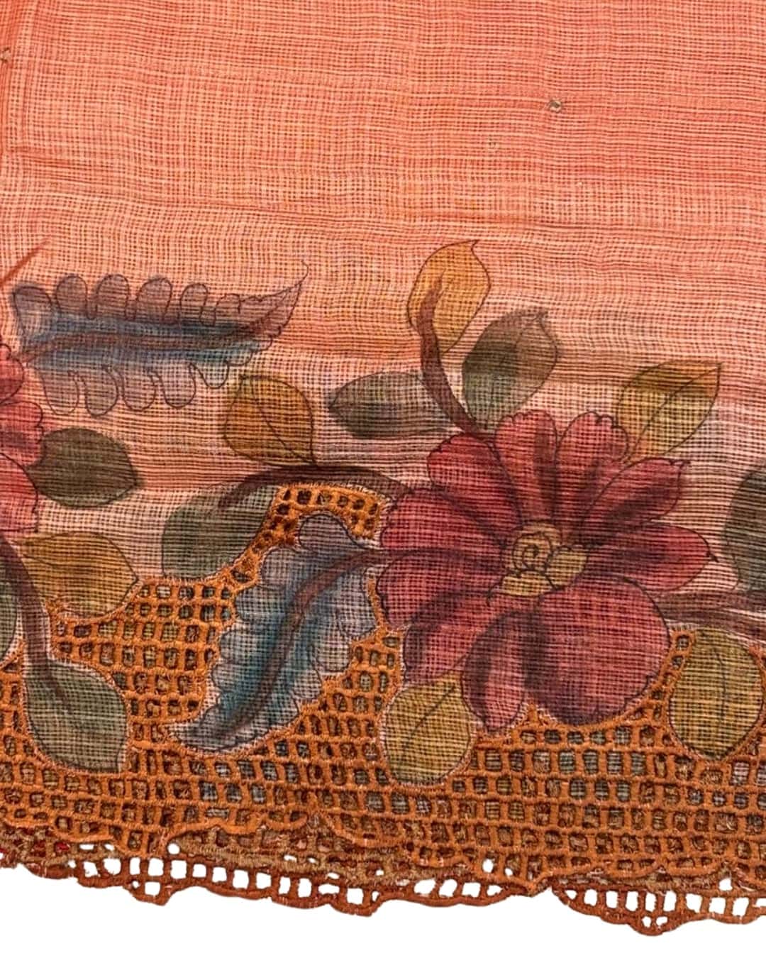 Coral Pink Kota Saree with Floral Hand Painting & Cutwork Border