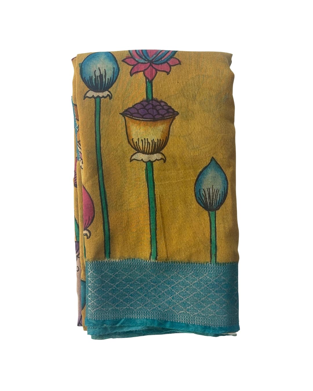 Mustard Chanderi Kalamkari saree featuring hand-painted lotus designs and teal border