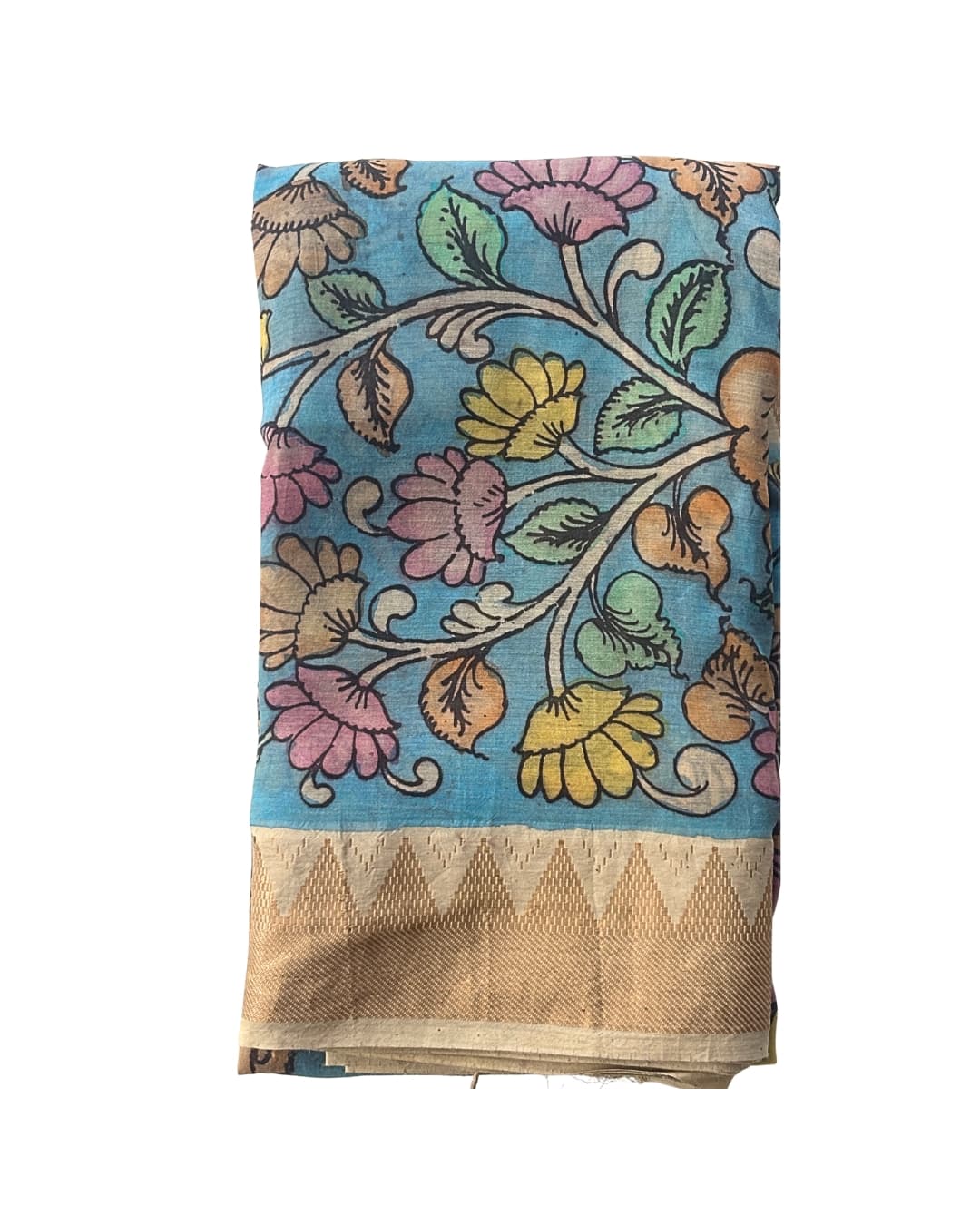 Hand-painted Bangalore silk Kalamkari saree in blue and beige  border